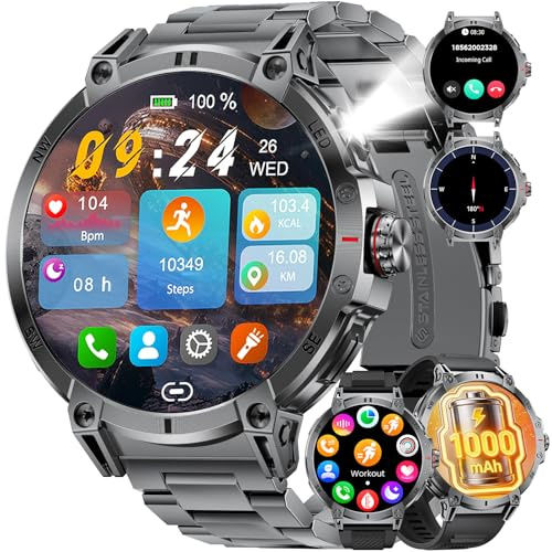 Boussole/1000 mAh Batterie/LED Lampe Militaire, Montre Connectée Homme Smartwatch Sport: 1,92″ HD avec Appel Bluetooth,100+ Modes Sport,Fréquence Cardiaque/Sommeil,5ATM Montre Fitness pour Android/iOS