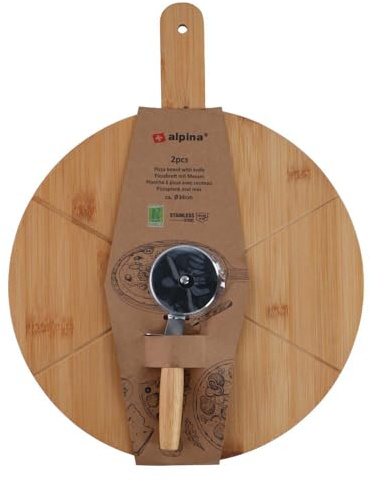 alpina Tagliere per pizza con coltello da pizza, gadget da cucina in bambù, pala per pizza con coltello, diametro 34 cm, design pratico