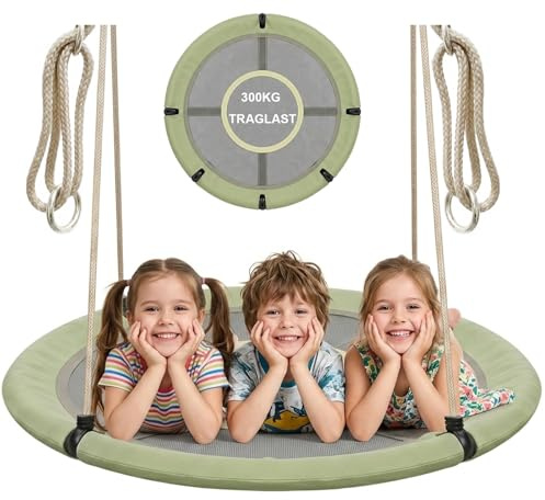 SURFOU Altalena da Giardino 120 cm, Altalena Rotonda a Nido Sospesa per Esterno e Interno, Regolabile, Carico 300 kg, con Cuscino, Giochi da Giardino per Bambini e Adulti, Verde grigiastro