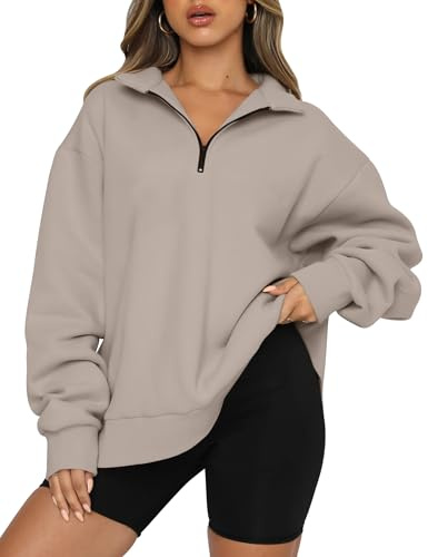 Trendy Queen Women's Oversized Half Zip Fleece Sweatshirts-Cozy Pullover, Drop Shoulder for Fall Winter CoffeeGrey M