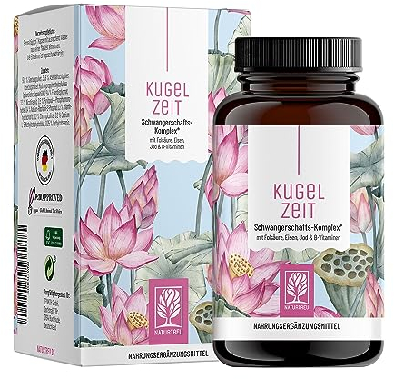 Schwangerschaftsvitamine - Komplex für alle Trimester mit Folsäure als Folat, Chrom, Eisen, Jod & 7 Vitamine Vegan - Unterstützung in der Schwangerschaft - Kugelzeit von Naturtreu®