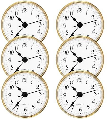Huquary 6 Pcs 2.8 Inch/ 70 mm Quartz Clock Insert with Gold Trim, White Dial, Arabic Numeral, Quartz Movement