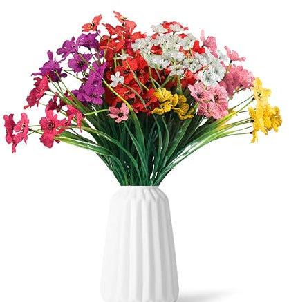 HBell Lot de 12 fleurs artificielles d'extérieur résistantes aux UV - Ne se décolorent pas - Fleurs artificielles en soie pour intérieur et extérieur, maison, jardin, porche, fenêtre, décoration