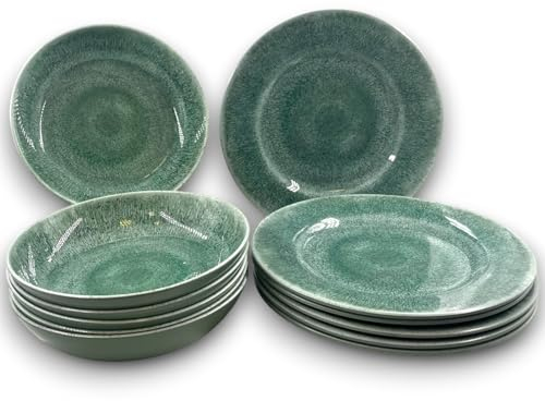 Set da Tavola in Melamina TERRACOTTA 12 pezzi Servizio Piatti Fondi e Piani per da 6 persone Infrangibile Lavabile in Lavastoviglie Plastica rigida Disponibile in 3 Colori (12, Verde - Acquamarina)