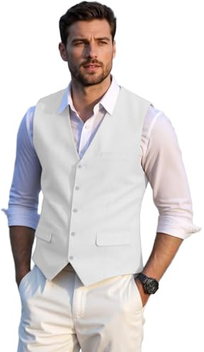 Solovedress Gilet de costume élégant pour homme - Gilet d'été en lin pour mariage et fête, white-417, L
