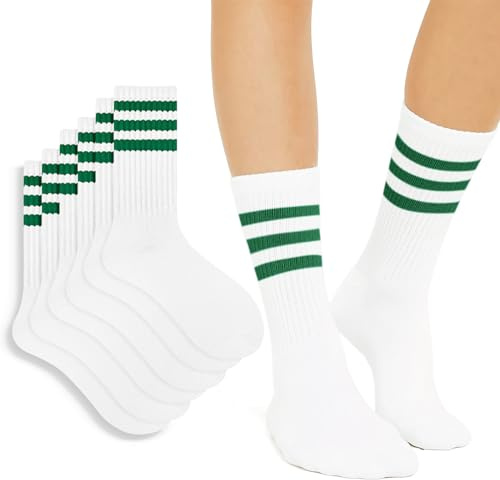 ForBaysy 3 PAIRS Tennis Green Striped Crew Socks For Women Retro Athltic Socks School Casual Cotton Novelty Socks For Unisex
