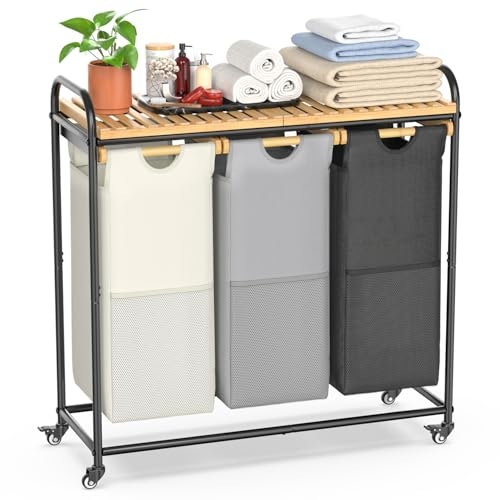 BambooHomie Laundry Hampers 3 Section, Laundry Sorter with Removable Shelf and Pull-Out Bags, Clothes Hampers with Wheels Rolling Cart Basket for Laundry Room Bathroom, 3 x 40 L (Black White Gray)