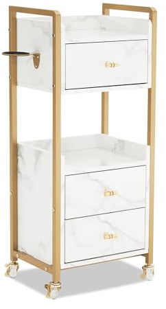 M MCombo Chariot de Coiffure Avec Roulettes, 3 Tiroirs, 2 Étagères & Support de Sèche-Cheveux - Chariot de Service Pour Salon, 30x40x95cm, 0022 (Blanc-Doré)