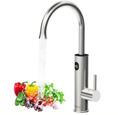 Briwellna Instant Water Heater Tap, 220V Cold and Hot Water Faucet, Kitchen Electric Heating Tap Stainless Steel, 360 Degrees Rotate with Digital Display (Silver)