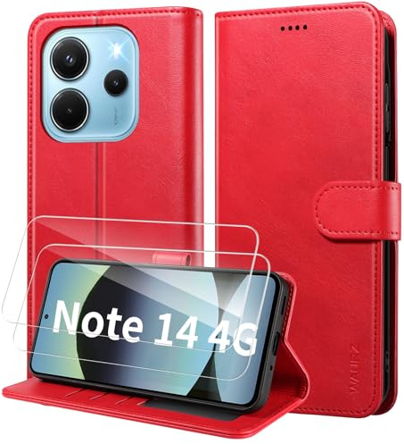 WAURZ Coque pour Xiaomi Redmi Note 14 4G, Etui avec 2 Verre Trempé Porte Carte Clapet à Rabat Portefeuille Cuir Case Housse Protection Cover Étui pour Redmi Note 14 4G,Rouge