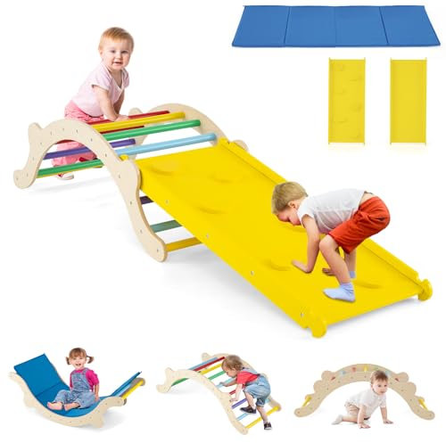 HOMASIS 3 in 1 Scivolo per Bambini in Legno, Arco Montessoriano per Bambini da Interno, Arrampicata per Bambini con Tappetino in Feltro, Parco Giochi per Bambini da 1+ Anni (N.Colorato)