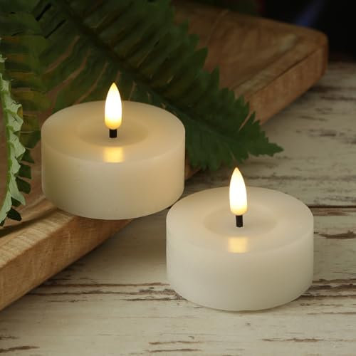 MARELIDA LED Maxi Teelichter in Rustik Optik Echtwachsteelichter mit leicht flackernder Flamme und Timer Teelichter-Set Jumbo für Innen in weiß (2 Teelichter groß)