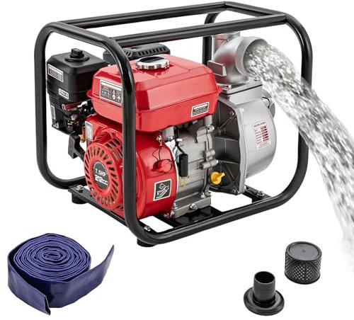 Pompa dell'acqua a benzina da giardino, 7,5 CV, 35000 l/h e 30 m, altezza di aspirazione, collegamento da 3 pollici, pompa per acqua sporca con motore a 4 tempi, avviamento a fune, base in metallo