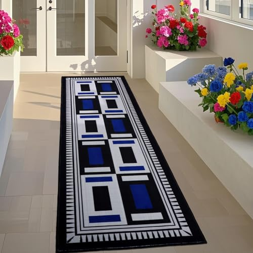 TUKDAK Modern rutig matta, löpare, hall, halkfri, 60 x 180 cm, blå, geometrisk, rutig, tvättbar kökslöpare, hall, kort lugg, köksmatta, vardagsrum, sovrum, korridor