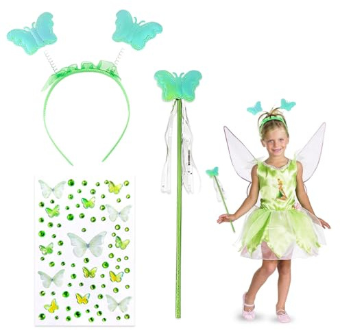 ZORVYN 1 Set de Diadema de Hada Verde, Varita Mágica, Pegatinas de Cara de Mariposa, Ideal para Niños, Disfraces de Halloween y Carnaval, Accesorios Infantiles (Verde)