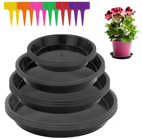 SARAHLOUISEJENKINSLTD 12 Pezzi Vasi Fiori Rotondi in plastica con Sotto Sottopentola Piante in plastica Etichetta, Nero Sottovasi Piante, Sottovaso Rotondo, Piattini Vasi Fiori,per Interni,Esterni