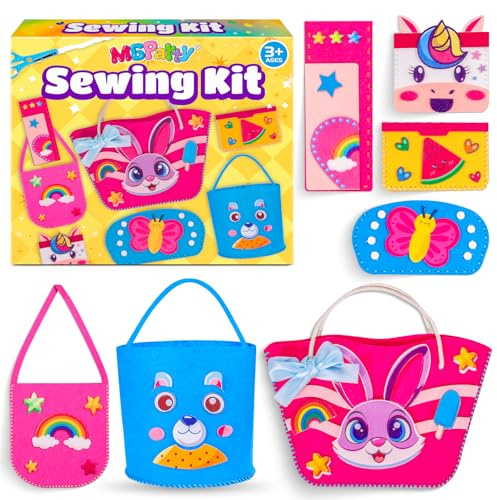 MGparty Sewing Kit for Kids, My First DIY Beginner Sewing Kit with 7 Cartoon Bags and Purses, Unicorn Bunny Bear Rainbow Sewing Crafts, Kids Arts and Crafts Educational Hand Sewing Toy Gift