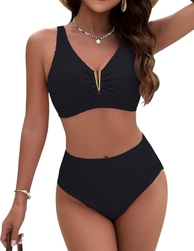 Blooming Jelly Womens High Waisted Bikini Set Tummy Control V Wire Crinkle 2 Piece Swimsuit 2025 Modest Full Coverage Slimming Bathing Suit (Small, Black)