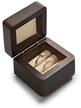Woodten Walnut Jewelry Engagement Wedding Ring Box, Solid Wood Double Dual Ring Box for Wedding Proposal Engagement(Beige)