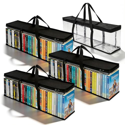 BAIFULAI 4 bolsas de almacenamiento para DVD, 60 x 15 x 22 cm, espacio para 160 DVD, CD, videojuegos, PVC transparente y tejido de poliéster, con cremallera y asas reforzadas