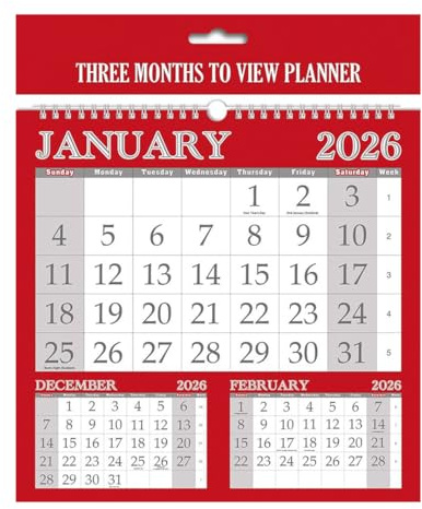 Calendario 2026 con vista de 3 meses, 252 mm x 244 mm