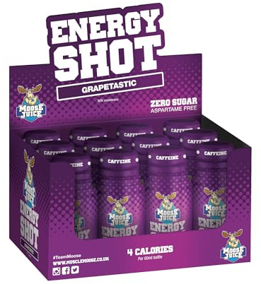 Muskelälg – älgjuice energiskott | koffeindryck, BCAA & B-vitaminer, noll socker, aspartamfri, grapetastisk, 60 ml (12 skott)