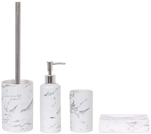 MSV - Set da bagno composto da 4 accessori da bagno in ceramica Toscana, dispenser di sapone, scopino per WC, portasapone e bicchiere porta spazzolini, colore: Bianco marmo