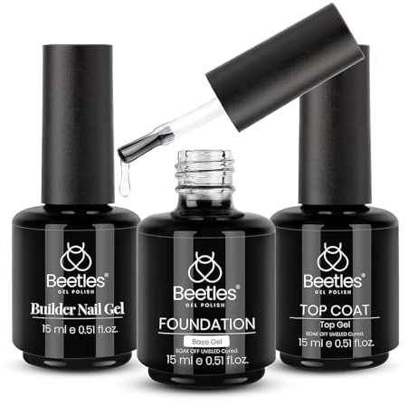 Beetles 3 unidades de 15 ml de gel de capa superior, base coat, base coat, constructor de uñas de gel, acabado brillante y de larga duración, Soak Off LED Gel Base Top Coat Glossy Shine Finish