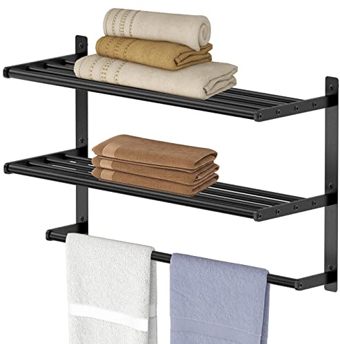Bethom Toallero de 3 niveles con barra, soporte de pared de 24 pulgadas para baño, rieles de lavabo de metal negro mate, impermeable y resistente al óxido