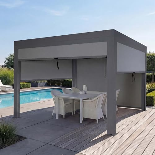 Pergola HWC-L46 mit Seitenwand, Gartenpavillon Lamellen-Pavillon Rollo, 11cm-Alu-Gestell, sturmfest 3x4m - anthrazit