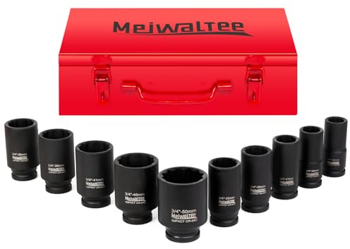 Meiwaltee 3/4 tum slagskruvdragare set | 90 mm djup | 10 delar jumbosortiment djup slagnyckel insats metrisk storlekar 22–50 mm | 12 poäng design | metallväska | Cr-Mo stål.