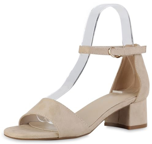 VAN HILL Damen Klassische Sandaletten Blockabsatz Basic Klassisch Schuhe 215209 Beige Velours 38