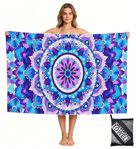 yayafunfun Large Quick Dry Microfibre Beach Towels for Adults, 160X90cm Mandala Bath Towel Travel Towels with Pocket, Lightweight Beach Towel for Women Men Sun Lounger Travel Swim Holiday Sports