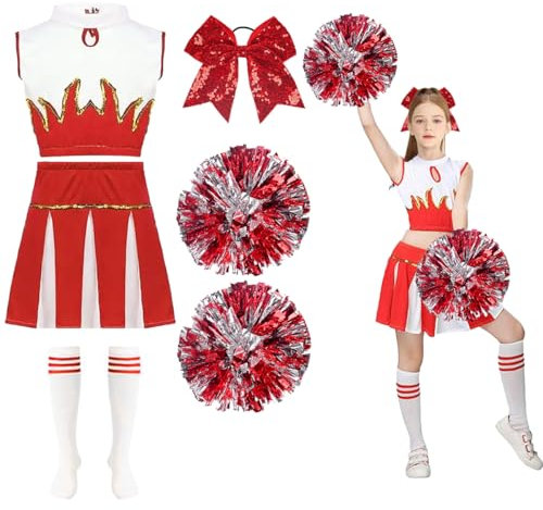 Deguisement Pompom Girl Enfant, Costume Cheerleader Filles, Uniforme de Pompom Fille avec Pompoms, Couvre-chefs et Chaussettes, Accessoires de Deguisement Pompom pour Halloween Carnaval (Rouge, 150)