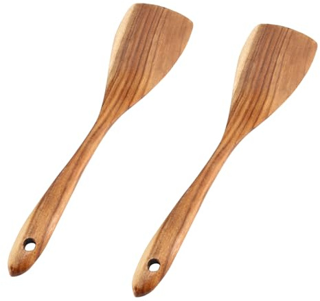 Teak träspatel, träspatel för matlagning naturligt trä non-stick matlagningsspatel köksredskap värmebeständigt kök omrörningsredskap (2 st 31,5 x 7,5 cm)