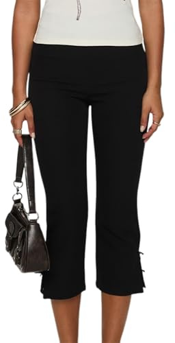 FeMereina Women Skinny Capri Leggings Bow Tie Up Knee Length Capris Pants Sexy Stretchy Slim Fit Cropped Trousers (Black, S)
