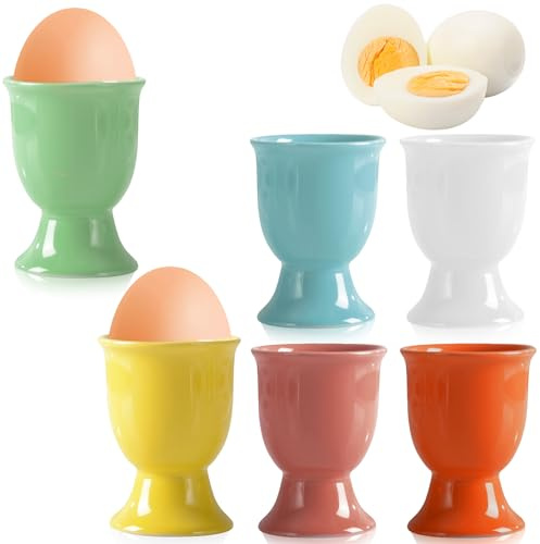 BAIFULAI Portauovo in porcellana, set da 6 pezzi, in ceramica, per uovo, colorato, porta uovo, per la colazione, rotondo, con fondo, 6 colori, simpatico set di portauovo per cucina, casa, ristorante