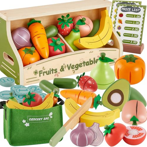 BUYGER Cibo da Tagliare Frutta e Verdura Giocattolo, Accessori Cucina Bambini con Bancarella, Monete Finti, Borsa a Mano, Educativo Giochi di Ruolo, Regalo di Natale per Bimbo 18 + Mesi 3 + Anni