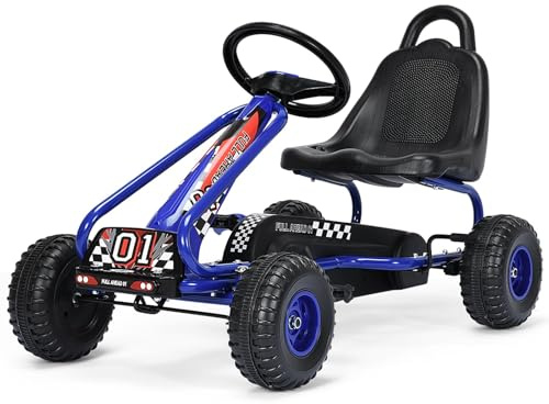 FANTASK Gokart ab 3 Jahren, Tretauto Tretfahrzeug mit verstellbarem Sitz und Handbremse, Go Cart bis 30 kg belastbar, Kinderfahrzeug (Blau)