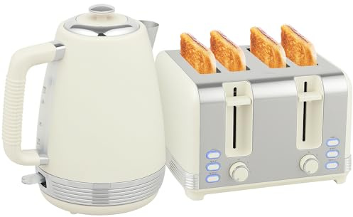 HOMCOM Wasserkocher Toaster Set Edelstahl Frühstück-Set mit 1,7L 2200 W Wasserkocher mit Strix Thermostat, 4 Scheiben Toaster mit 7 Bräunungsstufen, Krümelfach, Auftauen, Aufwärmen, Creme