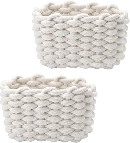 Lot de 2 paniers de rangement à langer Petit panier tressé Panier de rangement en coton doux Carré Salle de bain Jouets Mini panier blanc (blanc)