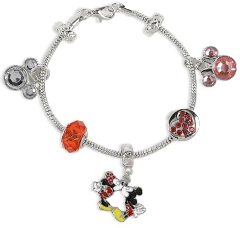 Disney Pulsera chapada en rodio con cuentas de cristal de Mickey y Minnie