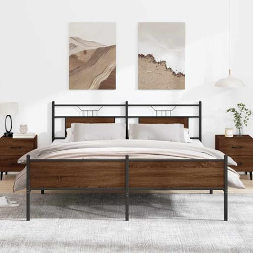 Bucmath Metallsäng utan madrass, brun, eklook, 183 x 213 cm, stålsängram med ribbotten, robust plattformssäng för sovrumsmöbler, hållbar sängram