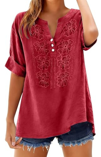 Blouse Femme Col V Fendu Brodée - Haut Décontracté en Tissu Texturé avec Broderies Florales et Manches Reversées, Look Bohème pour Été, Sorties et Occasions Spéciales
