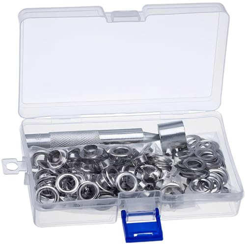 Lot de 100 œillets à poser, kit d’œillets argentés avec outil de poinçonnage, œillets métalliques en cuivre pour bâches, toile, cuir, tissu, boîte de rangement, pour bricolage