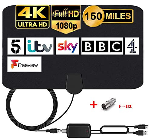 MILIWAN Indoor TV Aerial 150 Miles Digital HDTV Antenna with Amplifier Signal Booster Freeview TV Antenna VHF UHF 4K 1080P for Local Channels Support ALL Television - 12.2FT Coax Cable