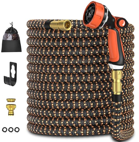 Flexibler Gartenschlauch, Ausziehbare Garten Schlauch mit 10 Funktions Brause, Leichter Flexibler Schlauch mit 3/4 und 1/2 Zoll soliden Messinganschlüssen und 3 Lagigem Latexkern, 30 M Orange