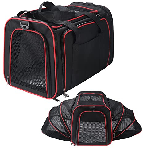 Sac de Transport Chat Chien Extensible Respirant, Sac à Dos Chat Bandoulière Pliable pour Animal de Compagnie avec Matelas Amovible, Cage de Transport pour Camping Randonnées Voyage (M)