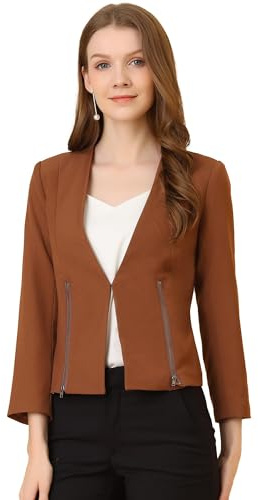 Allegra K Women's Work Office Collarless Zipper Short Coat Suit Cropped Blazer Jacket, Brown, S