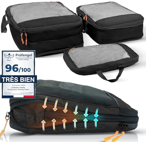 LOONARA Travel Packing Cubes Set für Koffer und Rucksack [3-teilig] - mehr Platz im Koffer oder Backpack durch Kompression - Packtaschen für Koffer als Dein Travel Organizer (schwarz)